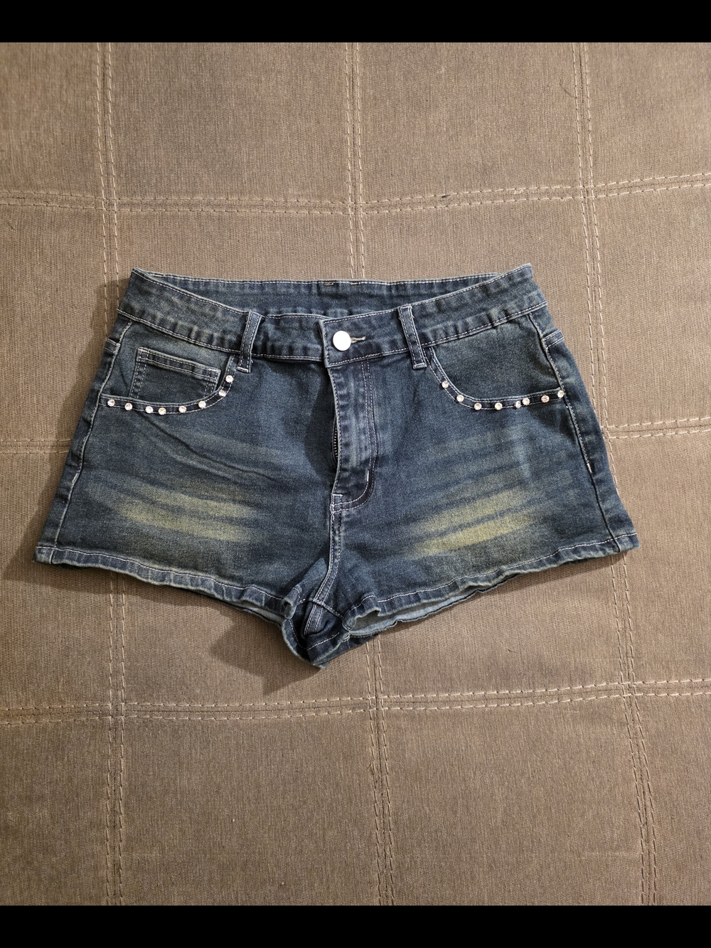 Women's Y2K Embroidered Cross & Rhinestone Low Rise Low Waist Mini Denim Shorts